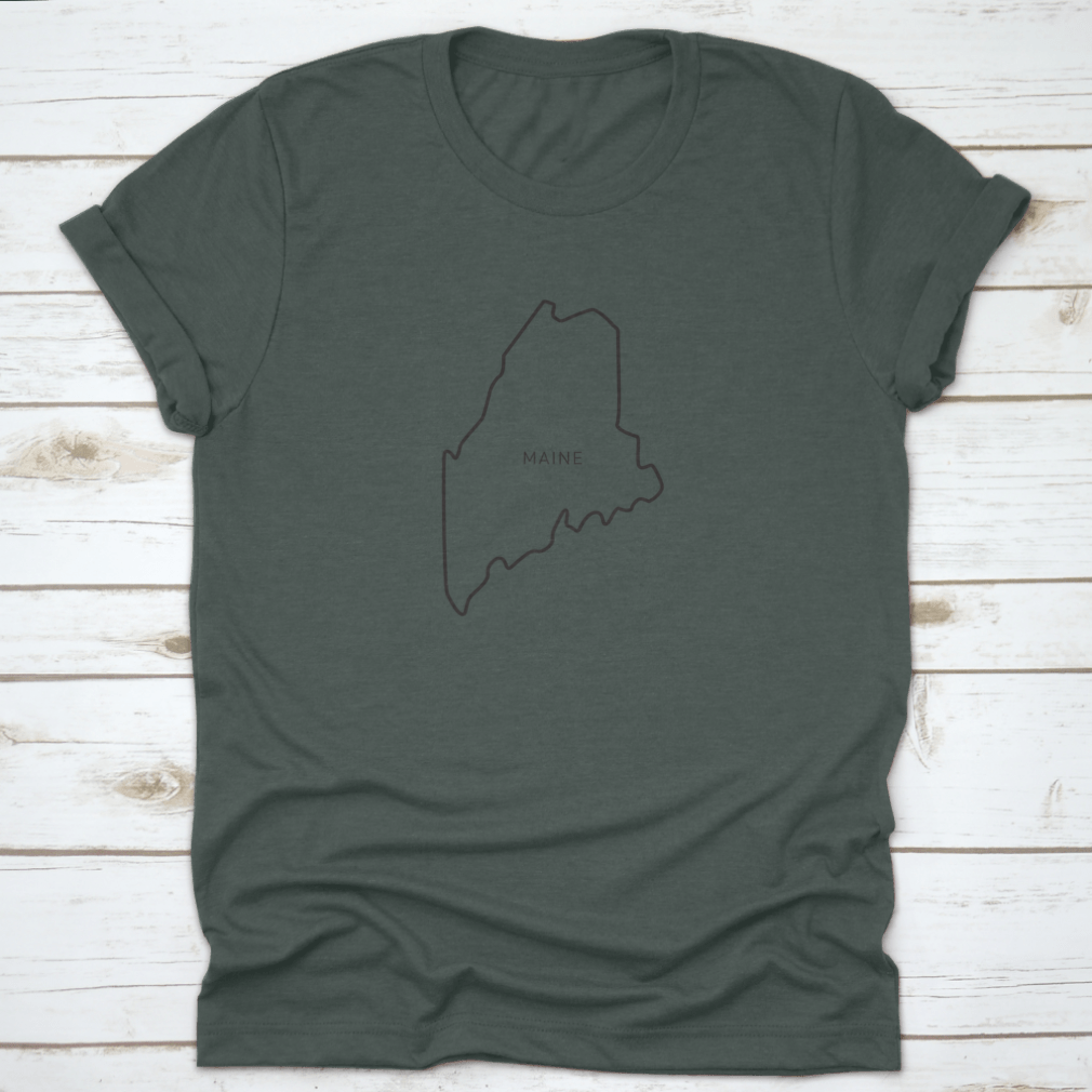 A stylish t-shirt featuring a simple typography outline of the state of Maine, made from high-quality cotton fabric.